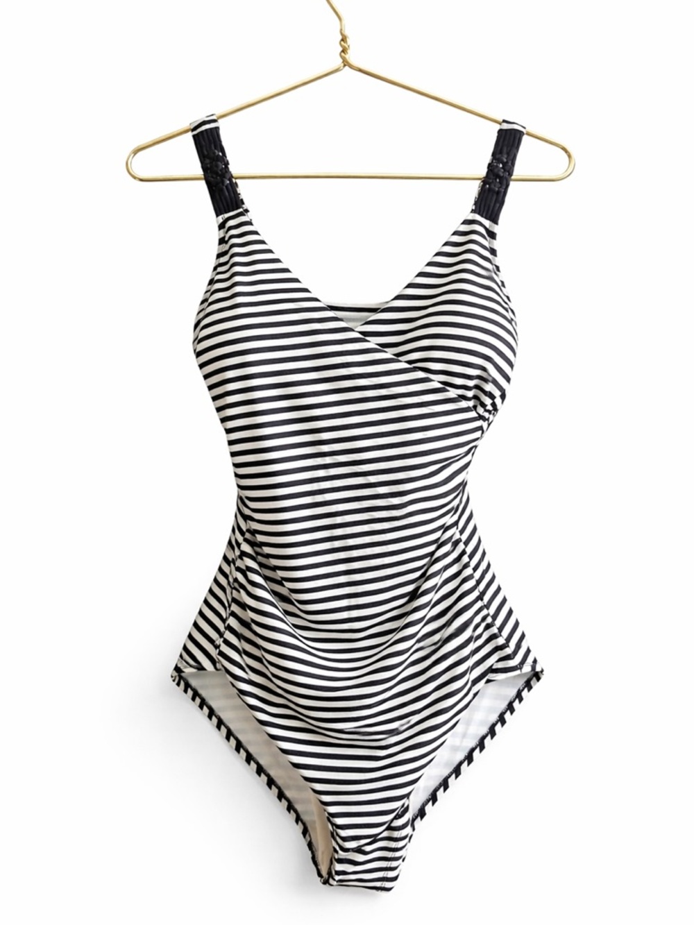 Merona Striped One Piece Swimsuit Black White Ruched Medium